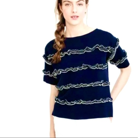 J. Crew Tiered Ruffle Boatneck Sweater- Navy & Ivory- Size Medium - Picture 2 of 13